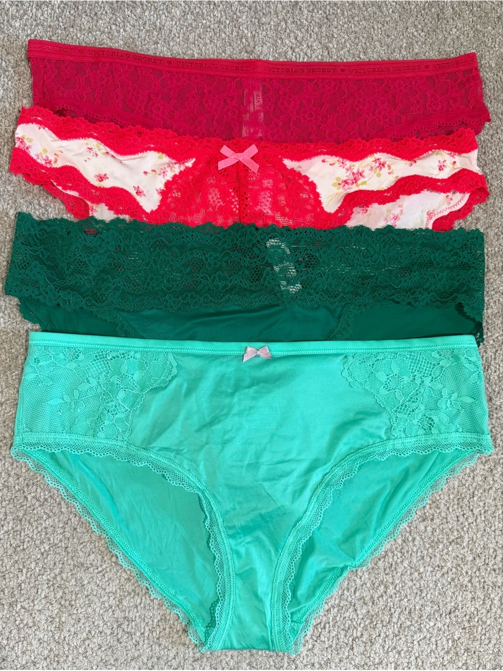 VS Women’s Lace-Trim Bikini Panty Pack - Red, Green, Pink